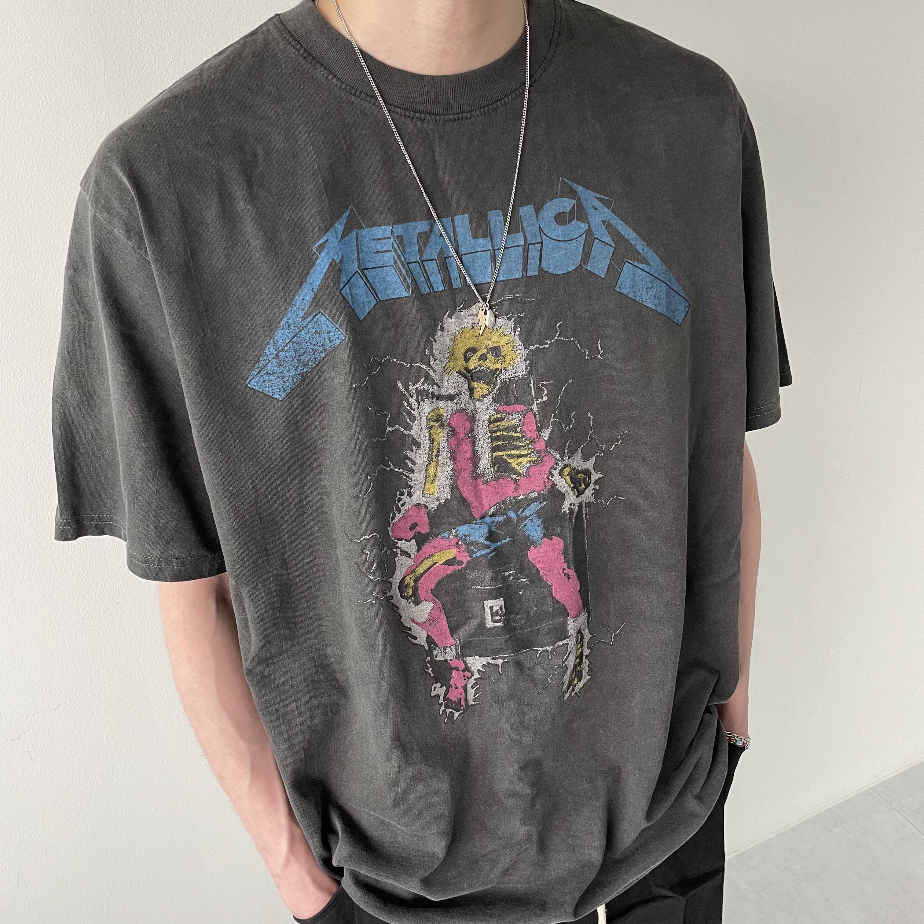 메탈리카 티셔츠 쇼크 반팔 피그먼트 하프티 락밴드 오버핏 ACDC 스트릿 (남녀공용)