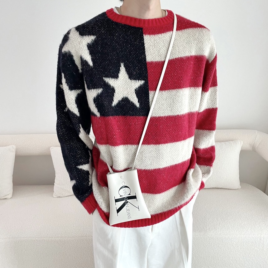 성조기 니트 겨울 라운드 스웨터 미국 오버핏 빅사이즈 스트릿 유니크 (2color)